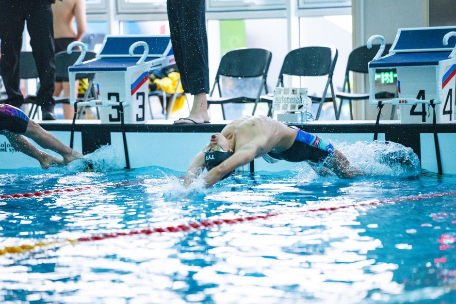 Athletes diving into the pool during a competitive swimming race indoors.